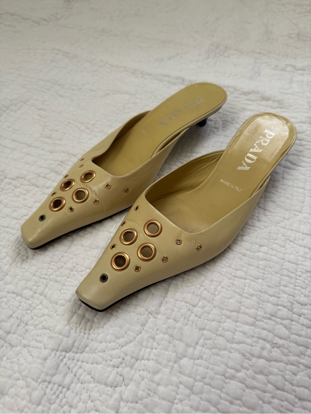 Prada Leather Yellow Low-Heel Mules with Gold Eyelet Accents, Size 37.5/US 7.5 - Picture 8 of 12